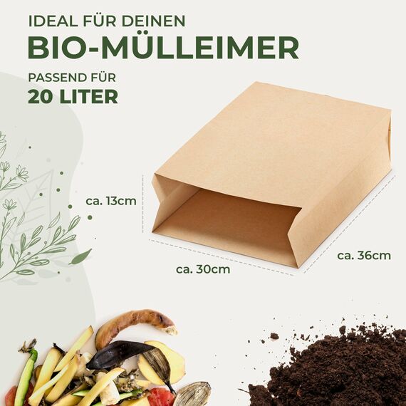 BIOGLÜCK® Biomüllbeutel 20L [50 Stück] Papiertüten für Biomüll – reißfest, nassfest & kompostierbar | Bio Müllbeutel aus Papier für Biomülleimer