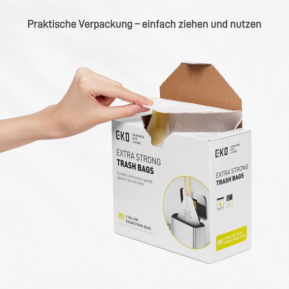 EKO Müllbeutel Größe C (10L- 15L), extra starke Müllsäcke mit Zugband für Küche und Bad, 80 Beutel, 1 Packung, weiß, Geeignet für Mülleimer mit 10L, 12L, 15L