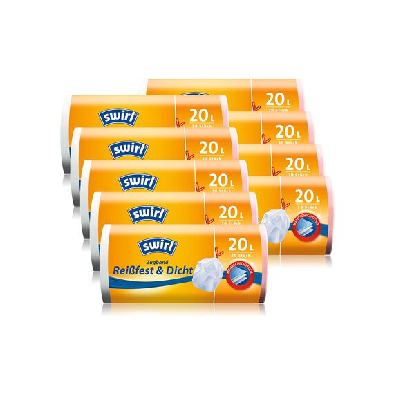 Swirl Zugband-Müllbeutel, 20 Liter, 9 Rollen mit je 20 Beuteln, Weiß