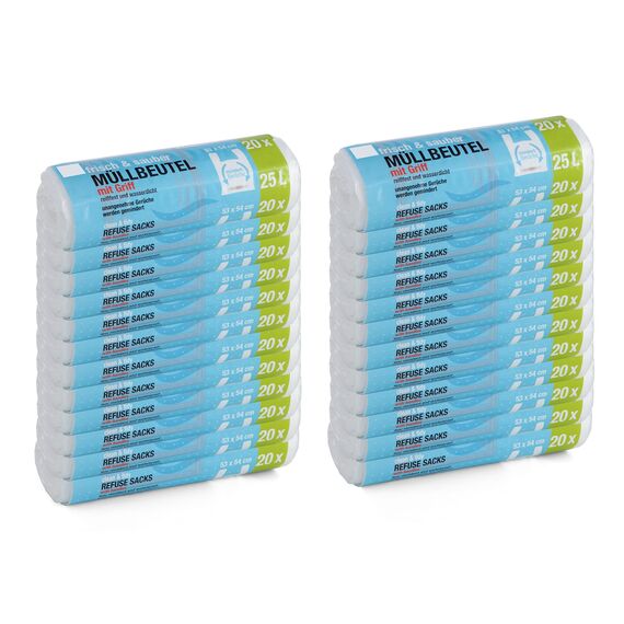 480 Stück Müllbeutel Premiumline: 25 Liter, 24er Pack, Größe: 53 x 54 cm - Besonders reißfest und wasserdicht - Mit Trage-Griff/Henkel