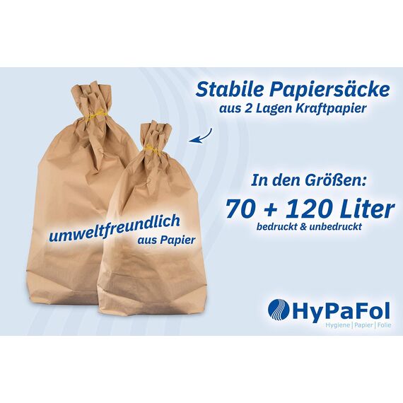Hypafol Bio Papier Müllbeutel 50 Stück | abbaubare braune Biomüllbeutel für kompostierbare & biologische Abfälle & Papier | ohne Plastik | 2-lagig, Tüten mit 120 L | 700x950+220 mm, Aufdruck Altpapier