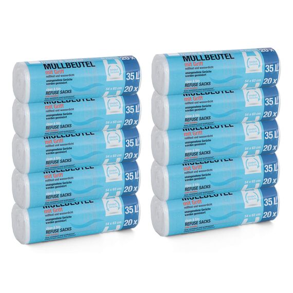 200 Stück Müllbeutel Premiumline: 35 Liter, 10er Pack, Größe: 54 x 63 cm - Besonders reißfest und wasserdicht - Mit Trage-Griff/Henkel