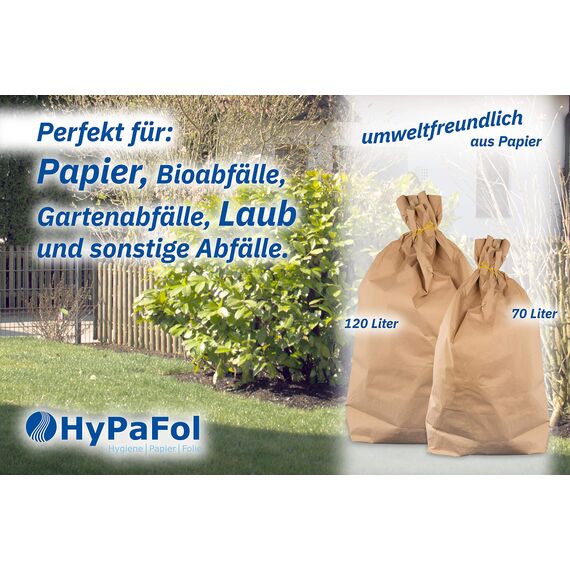 Hypafol Bio Papier Müllbeutel 50 Stück | abbaubare braune Biomüllbeutel für kompostierbare &biologische Abfälle & Papier | ohne Plastik | 2-lagig, Tüten mit 120 L | 700x950+220 mm, Aufdruck Altpapier