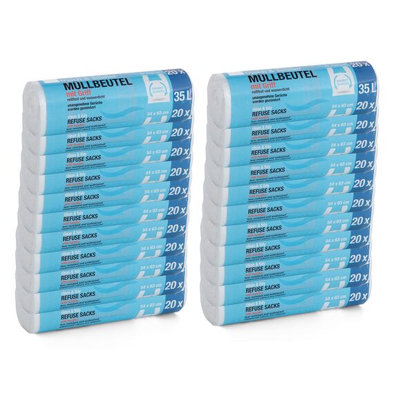 480 Stück Müllbeutel Premiumline: 35 Liter, 24er Pack, Größe: 54 x 63 cm - Besonders reißfest und wasserdicht - Mit Trage-Griff/Henkel