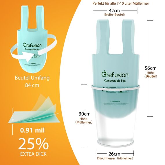 GreFusion Extra Stark 10L Biomüllbeutel mit Henkel 80 Stück Müllbeutel mit Tragegriff ok compost