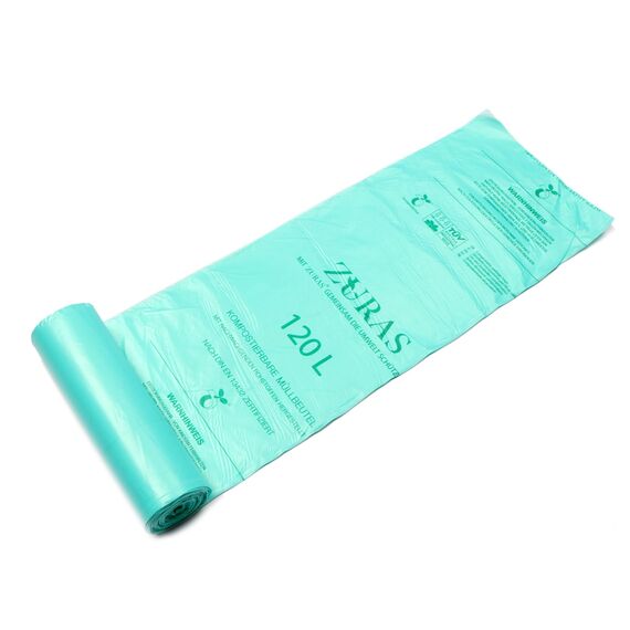 ZURAS® 120/140 Liter 88x130 cm Biomüllbeutel 30 Stk. kompostfähige, biologisch abbaubare Müllbeutel auf pflanzlicher Basis, DIN EN 13432 zertifiziert und geprüft, reißfest und wasserdicht