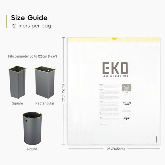 EKO Müllbeutel für Kücheneimer, Größe F, 40–60 Liter Fassungsvermögen, extra starke Beutel mit Zuggriffen, 12 Beutel, Weiß