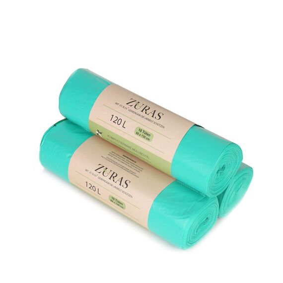ZURAS® 120/140 Liter 88x130 cm Biomüllbeutel 30 Stk. kompostfähige, biologisch abbaubare Müllbeutel auf pflanzlicher Basis, DIN EN 13432 zertifiziert und geprüft, reißfest und wasserdicht