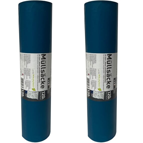 2 Rollen Schwerlast Müllsäcke, à 15 QUALITY PLUS Müllbeutel, Müllsäcke blau, Mülltüten extrem reißfest, 120l, 700x1100mm, 70my | speziell für Gewerbe, Bau, Bauschutt und Garten