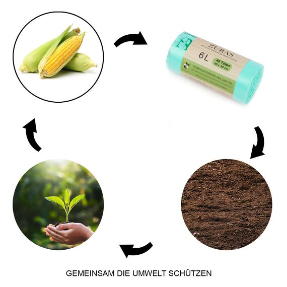 ZURAS 6 Liter Biomüllbeutel 200 Stk. kompostfähige, biologisch abbaubare Müllbeutel auf pflanzlicher Basis, DIN EN 13432 zertifiziert und geprüft, reißfest und wasserdicht
