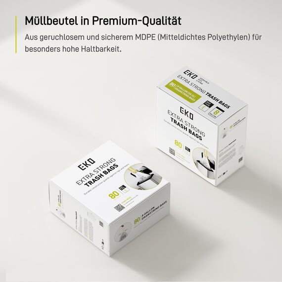 EKO reißfest Müllbeutel mit Zugband, 25-35 Liter Müllsäcke, 80 Beuteln, extra starken, Schnellzugriffsbox, Auslaufsicher Mülltüten für sicheren Halt am Mülleimer, weiß, Größe E