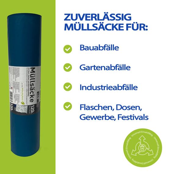 2 Rollen Schwerlast Müllsäcke, à 15 QUALITY PLUS Müllbeutel, Müllsäcke blau, Mülltüten extrem reißfest, 120l, 700x1100mm, 70my | speziell für Gewerbe, Bau, Bauschutt und Garten