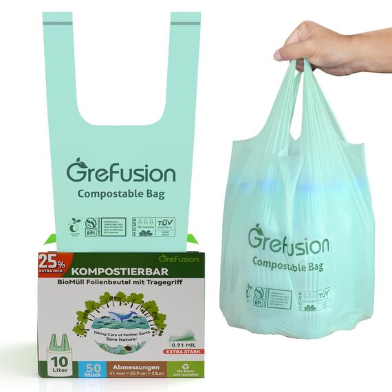 GreFusion Extra Stark 10L Biomüllbeutel mit Henkel 50 Stück Müllbeutel mit Tragegriff