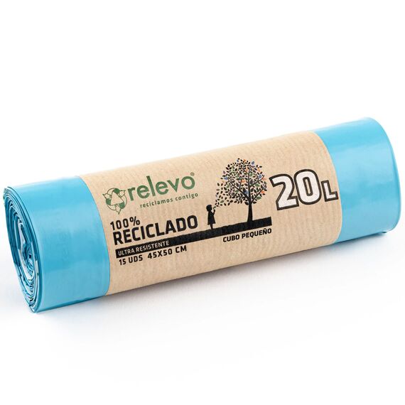 Relevo Blaue Müllbeutel mit Zugband – 20L (B 45 cm x H 46 cm), 15 Beutel pro Rolle | Extra Starke Müllsäcke | 100% Recyceltes LDPE aus Gewächshäusern | Zertifiziert (Blauer Engel)