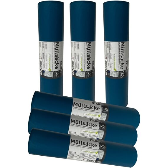 6 Rollen Schwerlast Müllsäcke, à 15 QUALITY PLUS Müllbeutel, Müllsäcke blau, Mülltüten extrem reißfest, 120l, 700x1100mm, 70my | speziell für Gewerbe, Bau, Bauschutt und Garten