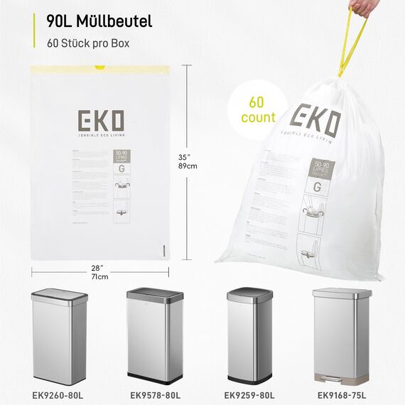 EKO reißfest Müllbeutel mit Zugband, 80 Liter Müllsäcke, 60 Beuteln, extra starken, Auslaufsichere und geruchsdichte Mülltüten mit sicherem Halt am Mülleimer, Schnellzugriffsbox, weiß, Größe G