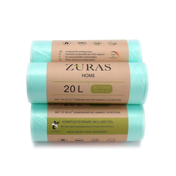 ZURAS 20 Liter Biomüllbeutel 150 Stk. kompostfähige, biologisch abbaubare Müllbeutel auf pflanzlicher Basis, DIN EN 13432 zertifiziert und geprüft, reißfest und wasserdicht