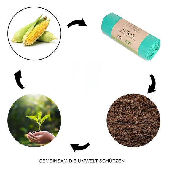 ZURAS 240 Liter Biomüllbeutel 20 Stk. kompostfähige, biologisch abbaubare Müllbeutel auf pflanzlicher Basis, DIN EN 13432 zertifiziert und geprüft, reißfest und wasserdicht