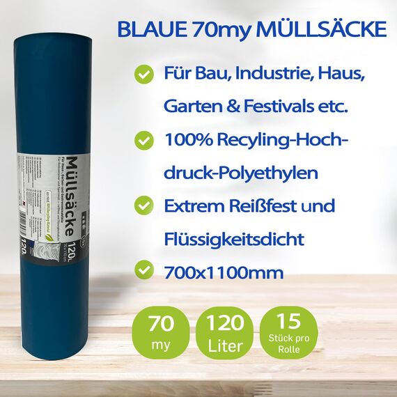 8 Rollen Schwerlast Müllsäcke, à 15 QUALITY PLUS Müllbeutel, Müllsäcke blau, Mülltüten extrem reißfest, 120l, 700x1100mm, 70my | speziell für Gewerbe, Bau, Bauschutt und Garten