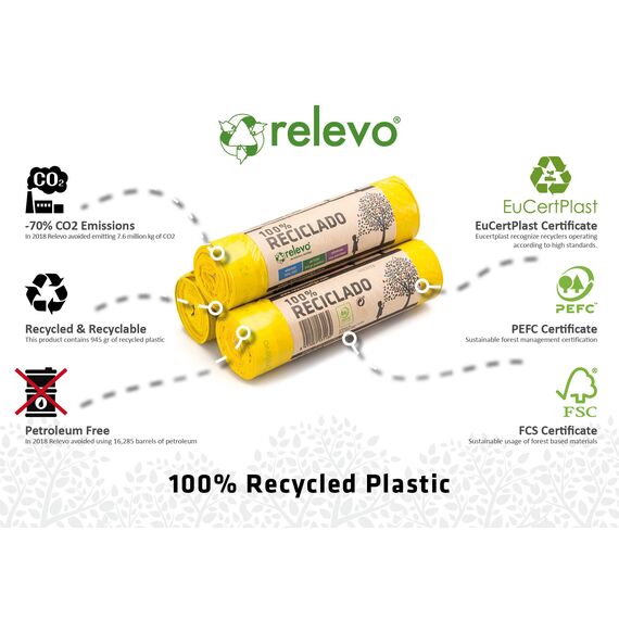 Relevo Gelbe Säcke – 45 Stück Müllbeutel 25L bis 30L mit Zugband, nachhaltig aus recyceltem Kunststoff, Anti-Leak-System, gelbe Mülltüten