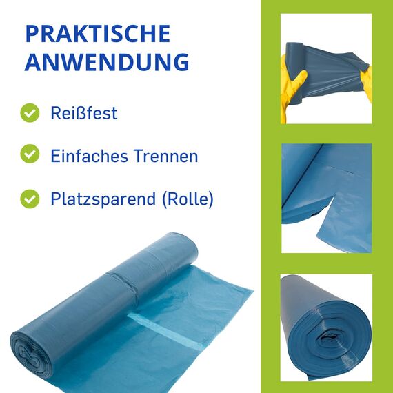 2 Rollen Schwerlast Müllsäcke, à 15 QUALITY PLUS Müllbeutel, Müllsäcke blau, Mülltüten extrem reißfest, 120l, 700x1100mm, 70my | speziell für Gewerbe, Bau, Bauschutt und Garten