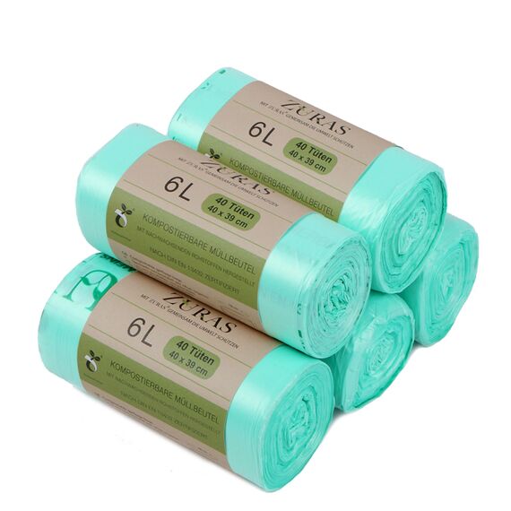 ZURAS 6 Liter Biomüllbeutel 200 Stk. kompostfähige, biologisch abbaubare Müllbeutel auf pflanzlicher Basis, DIN EN 13432 zertifiziert und geprüft, reißfest und wasserdicht