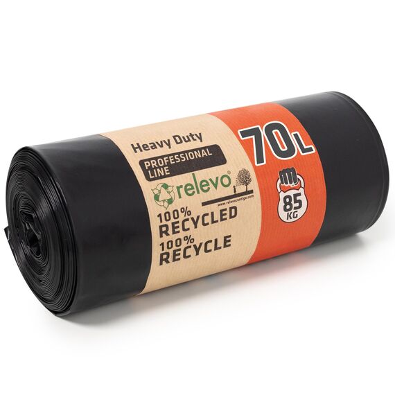 Relevo Professionelle Schwarze Schwerlast-Müllsäcke – 70L (B 73 cm × H 85 cm), 10 Säcke pro Rolle | Extra Stark & Auslaufsicher | 75 µm (Mikrometer) | 100% Recyceltes LDPE