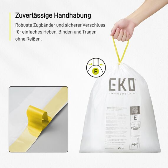 EKO reißfest Müllbeutel mit Zugband, 25-35 Liter Müllsäcke, 80 Beuteln, extra starken, Schnellzugriffsbox, Auslaufsicher Mülltüten für sicheren Halt am Mülleimer, weiß, Größe E