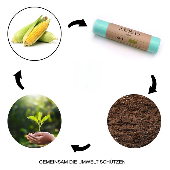 ZURAS 60 Liter Biomüllbeutel 75 Stk. kompostfähige, biologisch abbaubare Müllbeutel auf pflanzlicher Basis, DIN EN 13432 zertifiziert und geprüft, reißfest und wasserdicht