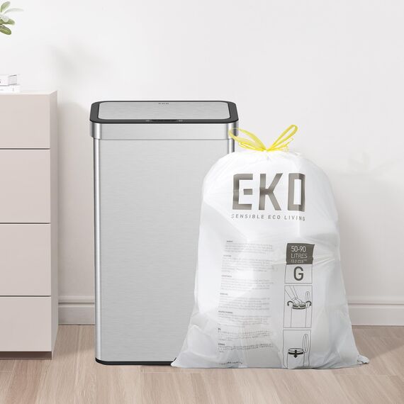 EKO reißfest Müllbeutel mit Zugband, 80 Liter Müllsäcke, 60 Beuteln, extra starken, Auslaufsichere und geruchsdichte Mülltüten mit sicherem Halt am Mülleimer, Schnellzugriffsbox, weiß, Größe G