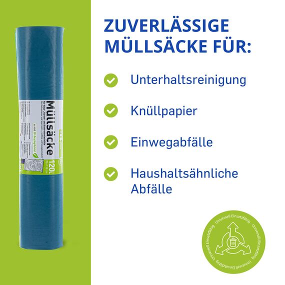 Hossi's Wholesale – 120 Liter Abfallsäcke, 6 Rollen à 25 Stück – Blaue Müllsäcke für Haus-, Garten- & Gastronomieabfälle – reißfeste Müllbeutel mit 39my Stärke (700 x 1100 mm)