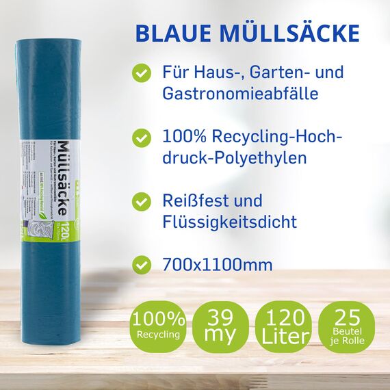 Hossi's Wholesale – 120 Liter Abfallsäcke, 1 Rolle à 25 Stück – Blaue Müllsäcke für Haus-, Garten- & Gastronomieabfälle – reißfeste Müllbeutel mit 39my Stärke (700 x 1100 mm)