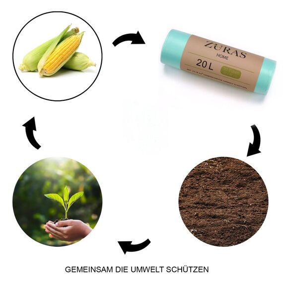 ZURAS 20 Liter Biomüllbeutel 150 Stk. kompostfähige, biologisch abbaubare Müllbeutel auf pflanzlicher Basis, DIN EN 13432 zertifiziert und geprüft, reißfest und wasserdicht