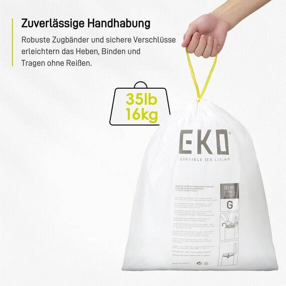 EKO reißfest Müllbeutel mit Zugband, 80 Liter Müllsäcke, 60 Beuteln, extra starken, Auslaufsichere und geruchsdichte Mülltüten mit sicherem Halt am Mülleimer, Schnellzugriffsbox, weiß, Größe G