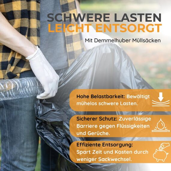 Müllsäcke 150L extrastark & reißfest 75 μm Müllbeutel Abfallbeutel Müllsack Mülltüte Abfallsäcke für Haus, Garten, Industrie & Gastronomie von Demmelhuber (6 Rollen)