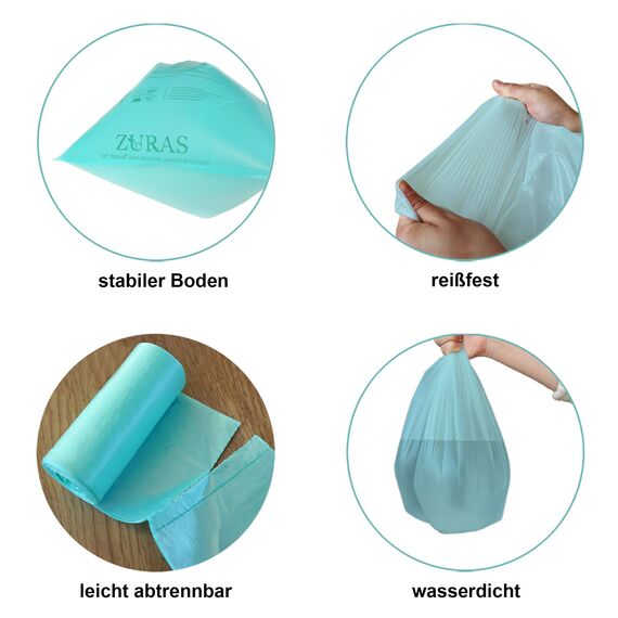 ZURAS 240 Liter Biomüllbeutel 20 Stk. kompostfähige, biologisch abbaubare Müllbeutel auf pflanzlicher Basis, DIN EN 13432 zertifiziert und geprüft, reißfest und wasserdicht