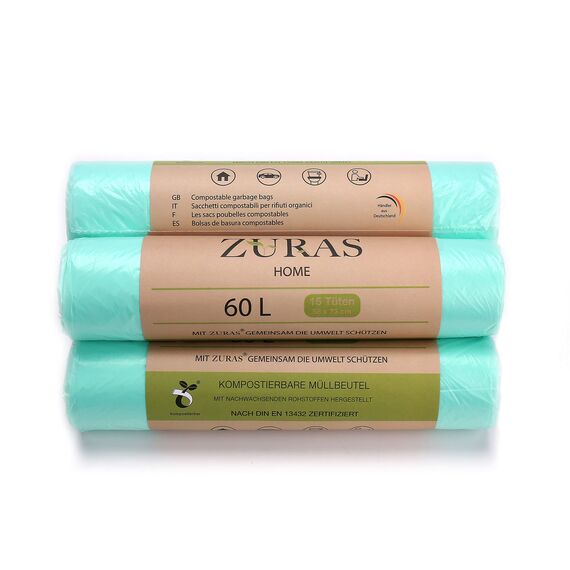 ZURAS 60 Liter Biomüllbeutel 75 Stk. kompostfähige, biologisch abbaubare Müllbeutel auf pflanzlicher Basis, DIN EN 13432 zertifiziert und geprüft, reißfest und wasserdicht