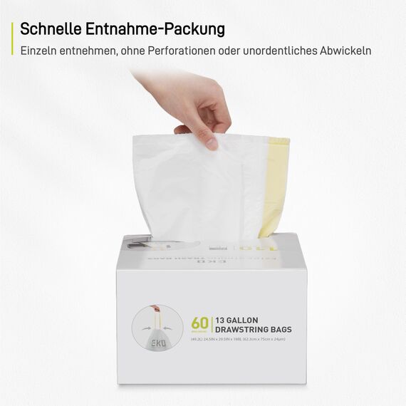 EKO reißfest Müllbeutel mit Zugband, 80 Liter Müllsäcke, 60 Beuteln, extra starken, Auslaufsichere und geruchsdichte Mülltüten mit sicherem Halt am Mülleimer, Schnellzugriffsbox, weiß, Größe G