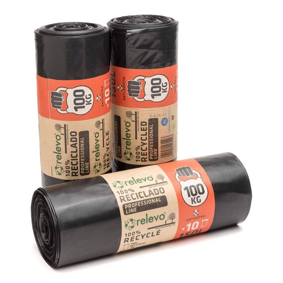 Relevo Professionelle Schwarze Schwerlast-Müllsäcke – 150L (B 80 cm × H 110 cm), 30 Säcke (3 Rollen × 10 Säcke) | Extra Stark & Auslaufsicher | 75 µm (Mikrometer) | 100% Recyceltes LDPE