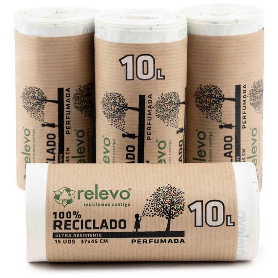 Relevo Kleine Weiße Müllbeutel mit Zugband – 10L (B 37 cm × H 45 cm), 60 Beutel (4 Rollen × 15 Beutel) | mit Duft & Extra Stark | 100% Recyceltes LDPE aus Gewächshäusern | Zertifiziert (Blauer Engel)