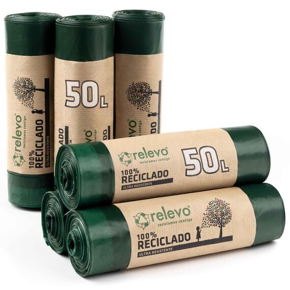 Relevo Grüne Müllbeutel mit Zugband – 50L (B 70 cm x H 75 cm), 60 Beutel (6 Rollen × 10 Beutel) | Extra Starke Müllsäcke | 100% Recyceltes LDPE aus Gewächshäusern | Zertifiziert (Blauer Engel)