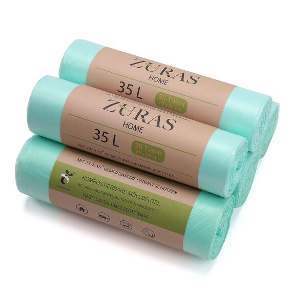 ZURAS 35 Liter Biomüllbeutel 100 Stk. kompostfähige, biologisch abbaubare Müllbeutel auf pflanzlicher Basis, DIN EN 13432 zertifiziert und geprüft, reißfest und wasserdicht