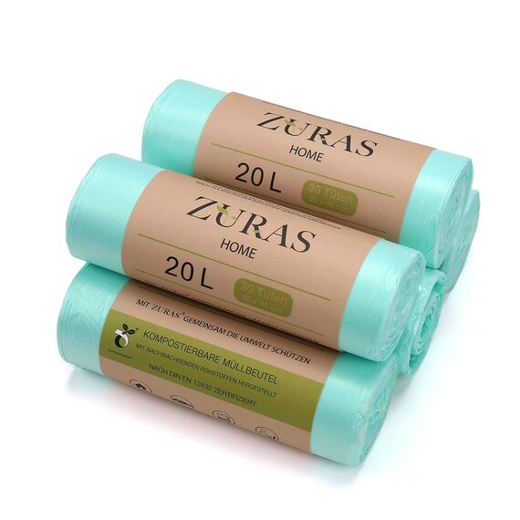 ZURAS 20 Liter Biomüllbeutel 150 Stk. kompostfähige, biologisch abbaubare Müllbeutel auf pflanzlicher Basis, DIN EN 13432 zertifiziert und geprüft, reißfest und wasserdicht