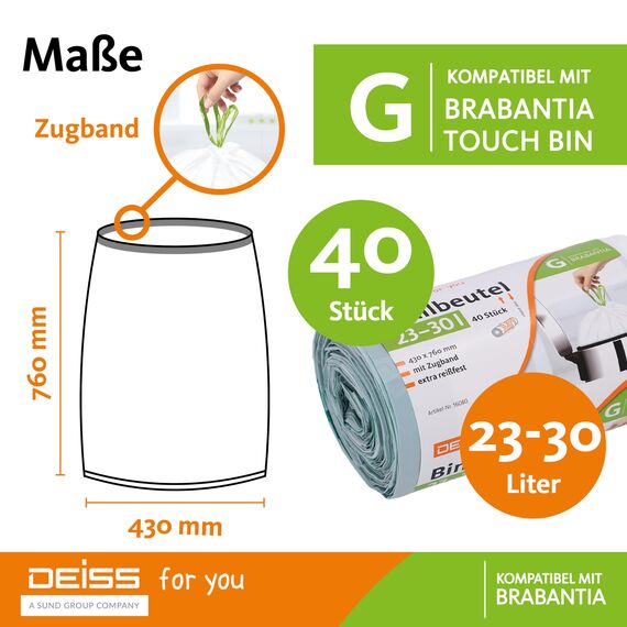 DEISS Müllbeutel 23-30 Liter für Brabantia Touch Bin (Größe G), 40 Stück