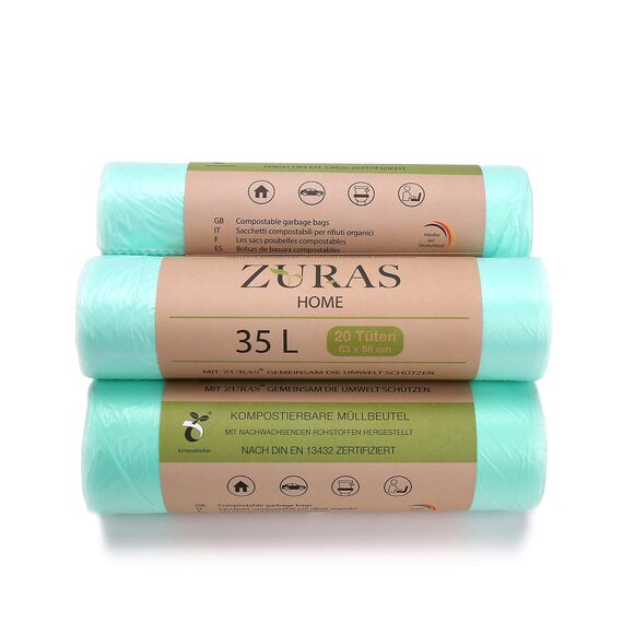ZURAS 35 Liter Biomüllbeutel 100 Stk. kompostfähige, biologisch abbaubare Müllbeutel auf pflanzlicher Basis, DIN EN 13432 zertifiziert und geprüft, reißfest und wasserdicht