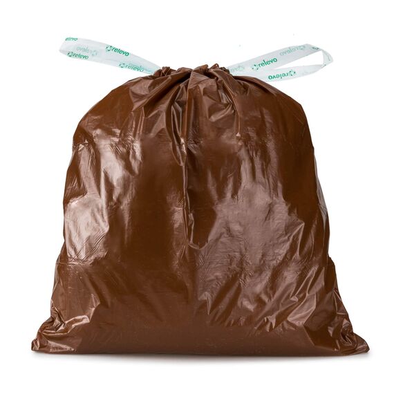 Relevo Braune Müllbeutel mit Zugband – 20L (B 45 cm x H 46 cm), 60 Beutel (4 Rollen × 15 Beutel) | Extra Starke Müllsäcke | 100% Recyceltes LDPE aus Gewächshäusern | Zertifiziert (Blauer Engel)