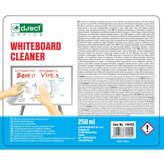 D.RECT Whiteboard Reiniger 250ml - Pump-Spray-Flasche Whiteboard Cleaner Spray zur Reinigung: Magnettafel, Flipchart - Entfernt Marker Farbe, Staub, Streifen und Verfärbungen