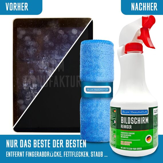 BLUM MANUFAKTUR Bildschirmreiniger 1x 500 ml + 30x30 cm Mikrofasertuch supersoft 365GSM - Screen Cleaner - Display Reiniger