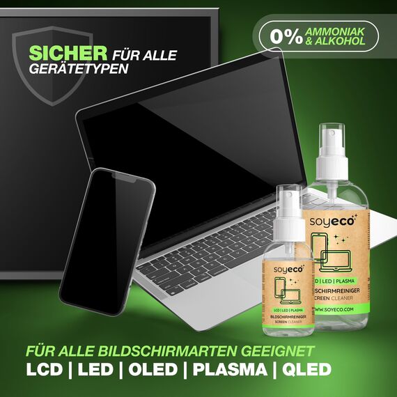 SOYECO Bildschirmreiniger Set 250 & 50ml - inkl. drei Mikrofasertücher - Display Reiniger für Smartphone, Laptop, Tablet, Monitore und TV (LCD/TFT, LED, OLED) - Screen Cleaner (Schadstofffrei)