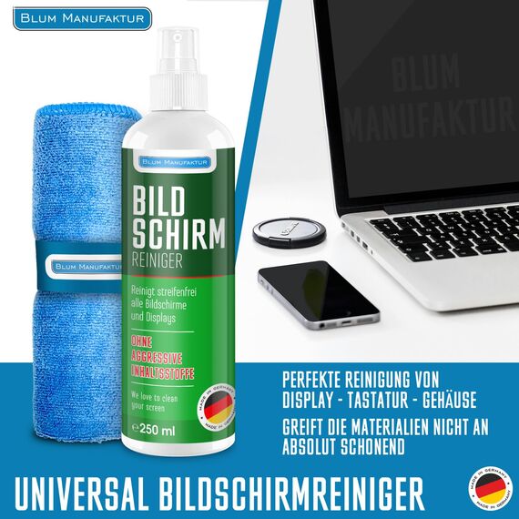 Blum Manufaktur 250ml Bildschirmreiniger + 30x30 cm Mikrofasertuch - Screen Cleaner - Display Reiniger - Absolut streifenfreie Reinigung von Handy, Laptop, PC, TV